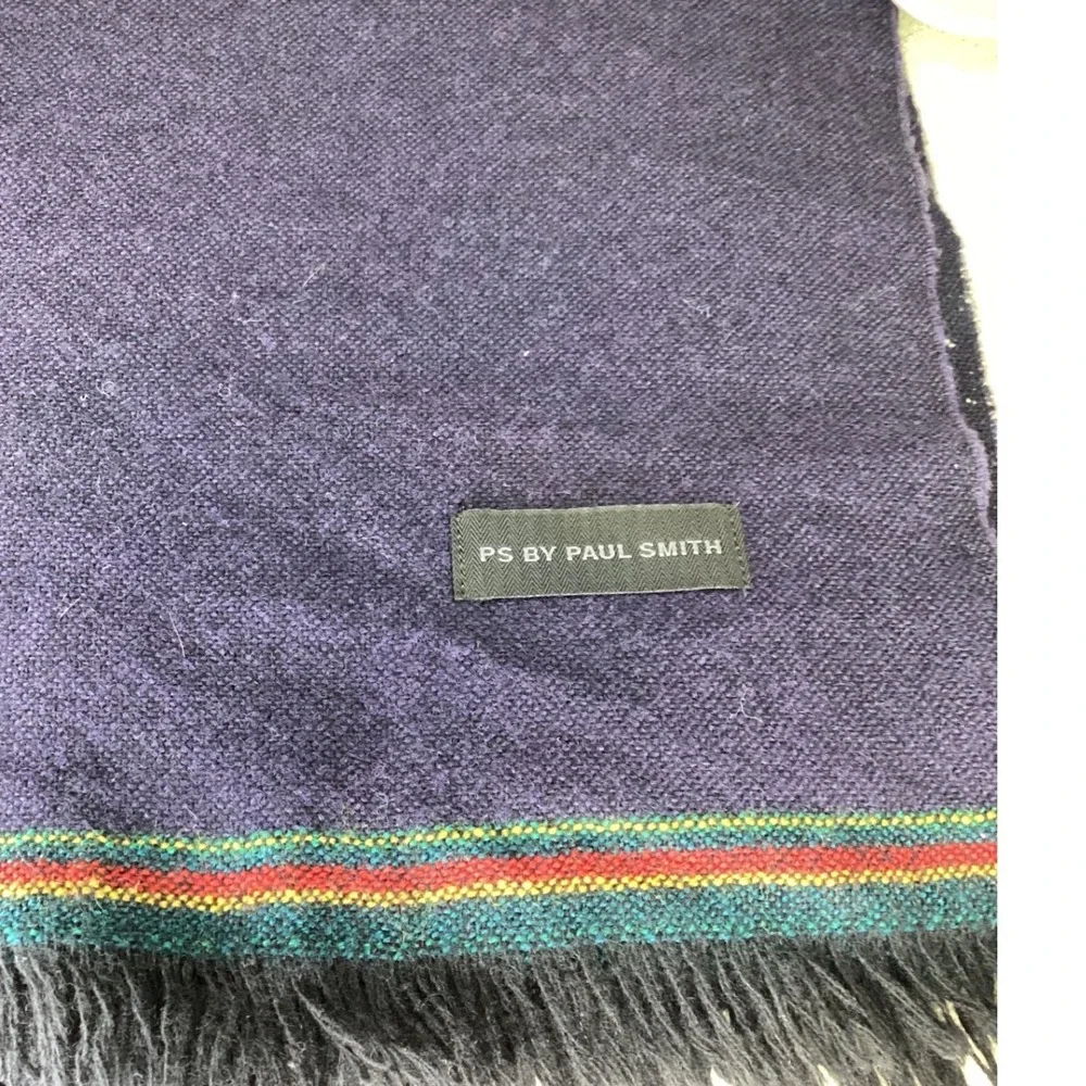 PS by Paul Smith Mens Navy Blue Speckled Wool Scarf Italy Fringe Multi Stripe
